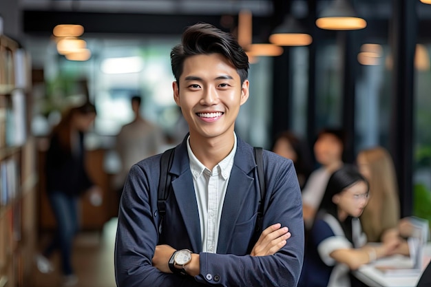 Asian young male happy smiling professional business happy confident positive female entrepreneur in office business co working looking at camera Generative Ai