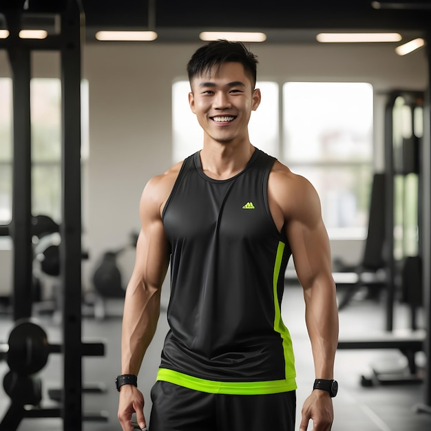 An Asian young man exercising at a gym