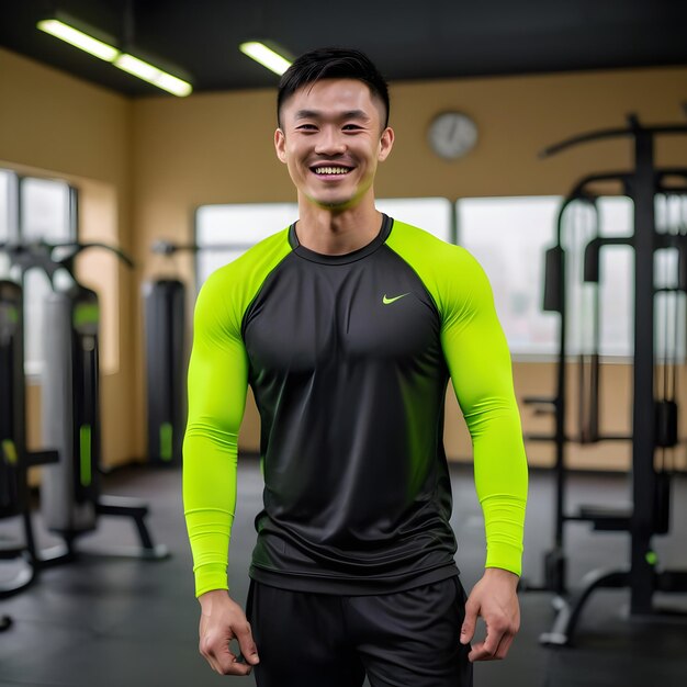 An Asian young man exercising at a gym