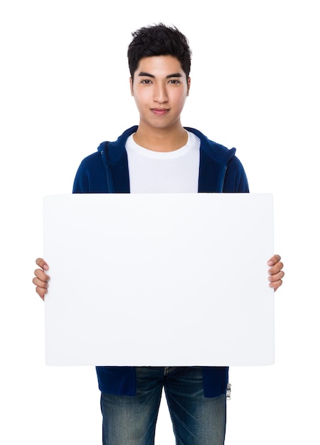 Asian young man show with the white board