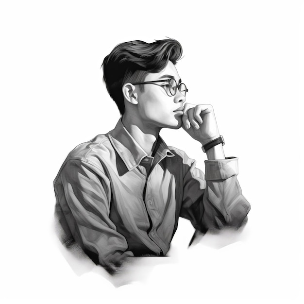 Asian young man in thinking and doubts black and white illustration Male hipster character with dreamy face on abstract background Ai generated monochrome drawn colorful poster