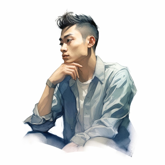 Asian young man in thinking and doubts illustration Male hipster character with dreamy face on abstract background Ai generated bright drawn colorful poster