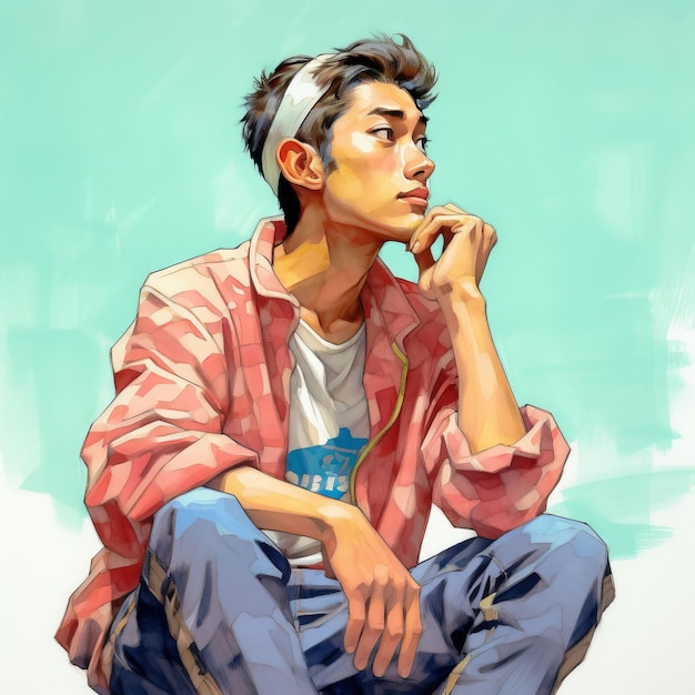 Asian young man in thinking and doubts illustration Male hipster character with dreamy face on abstract background Ai generated bright drawn colorful poster