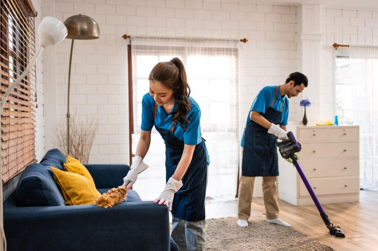 Photo asian young man and woman cleaning service worker work in living room attractive housekeeper cleaner team wear apron and cleaning messy dirty floor for housekeeping housework and chores in house