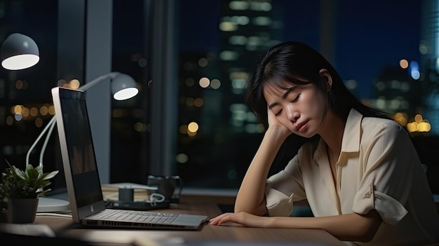 オフィスで一晩過労プロジェクトを抱えているデスクトップコンピューターを使用しているアジアの若い疲れた参謀女性は、夜に一生懸命残業した後、疲れ果てて不幸なビジネスウーマンを感じています