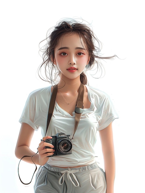 Asian young woman holding a photo camera on a white background