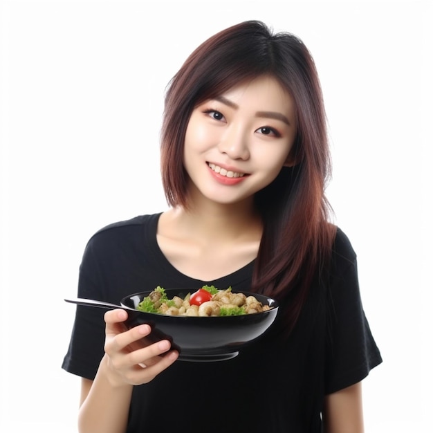 Asian young woman is eating diet food
