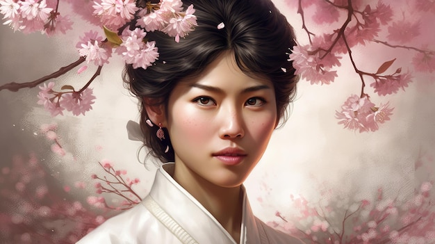 Asian young woman near sakura pretty girl portrait and cherry blossom generative AI