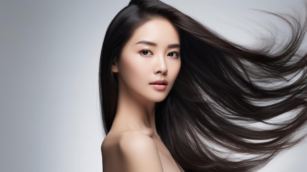 Asian young woman posing in front of white background with her hair waving