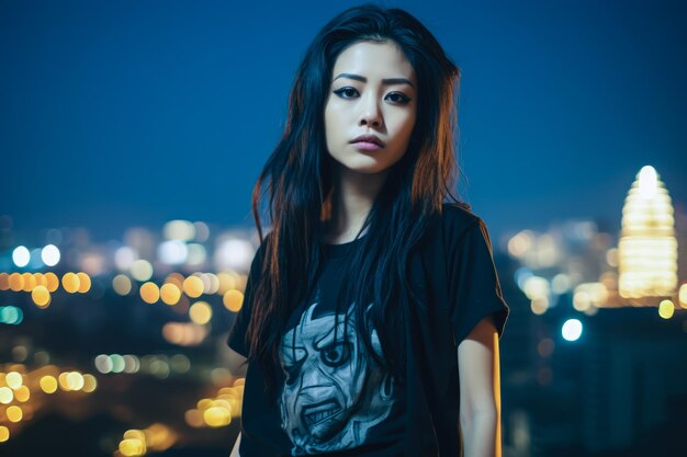 Asian young woman in punk style clothes with the city lights on the background