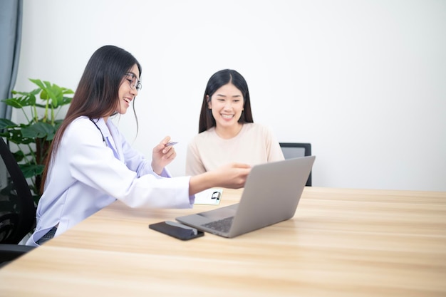 Asian young woman suffering from flu visiting professional doctor for sick problem consultation in clinic office