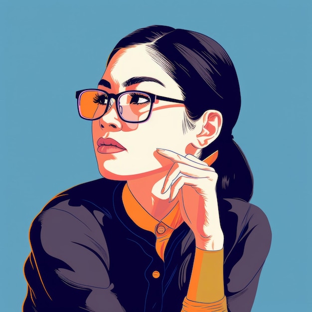 Asian young woman in thinking and doubts cartoon illustration Female hipster character with dreamy face on abstract background Ai generated bright drawn colorful poster