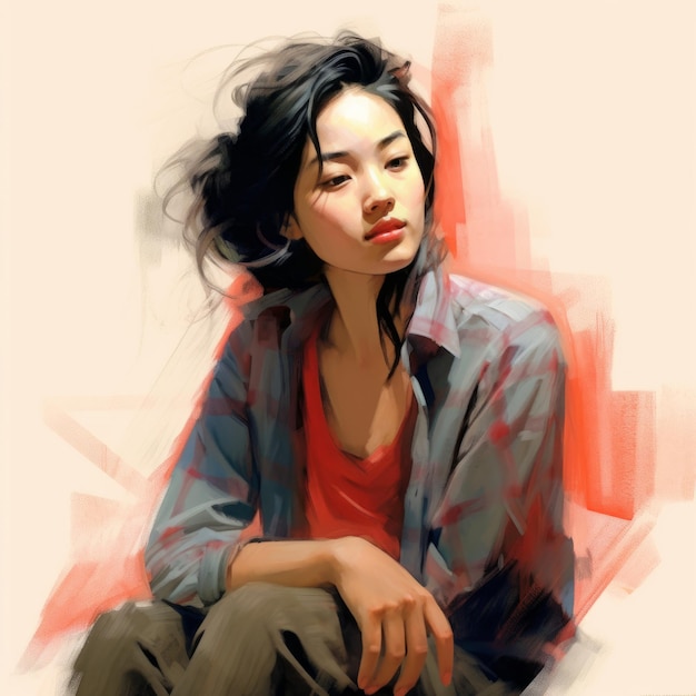 Asian young woman in thinking and doubts illustration Female hipster character with dreamy face on abstract background Ai generated bright drawn colorful poster