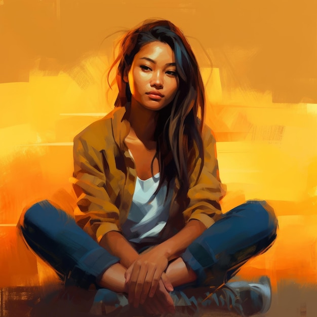 Asian young woman in thinking and doubts illustration Female hipster character with dreamy face on abstract background Ai generated bright drawn colorful poster