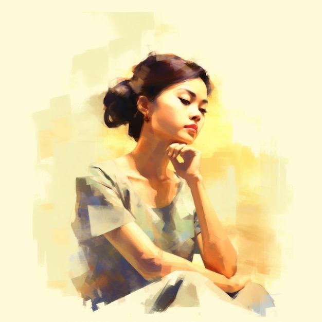 Asian young woman in thinking and doubts illustration Female hipster character with dreamy face on abstract background Ai generated bright drawn colorful poster