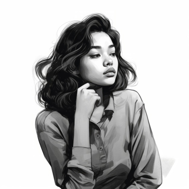 Asian young woman in thinking and doubts monochrome illustration Female hipster character with dreamy face on abstract background Ai generated black and white drawn poster