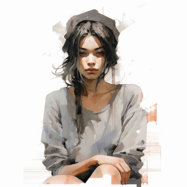 Asian young woman in thinking and doubts watercolor illustration Female hipster character with dreamy face on abstract background Ai generated bright drawn colorful poster