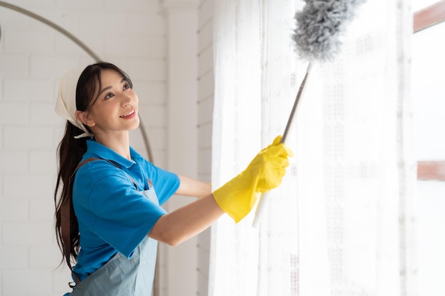 집 거실 창문에 있는 더러운 커튼을 청소하는 깃털 살포기를 사용하는 아시아 젊은 여성