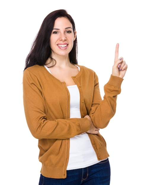 asian young woman with finger point up