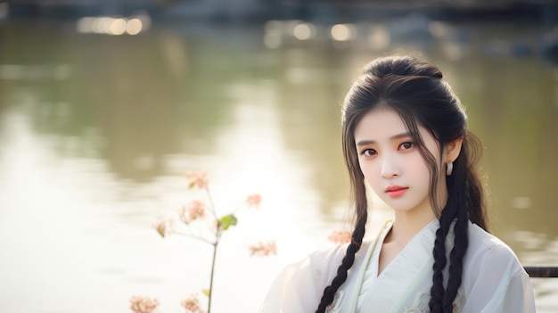 Asian young woman with sakura petals near the lake neural network ai generated