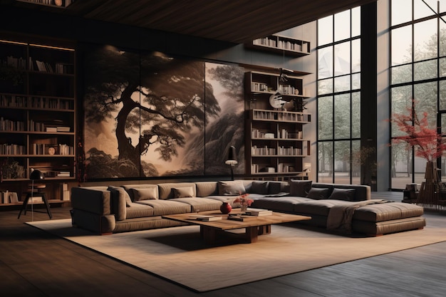 Asian Zen interior Minimalist Japanese style design of modern living room AI generated