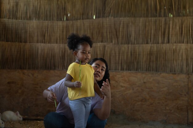 AsianAfrican American family rest on vacation by bringing children to the zoo