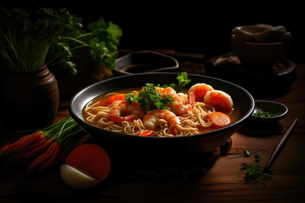AsianInspired Shrimp and Noodle Bowl Generative AI