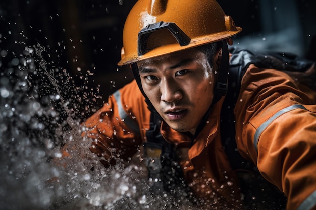 Asianlooking lifeguard in turbulent water