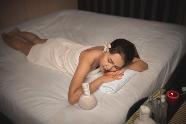 Asians beautiful woman sleep spa and relax massageTime of relax after tired from hard workThailand people