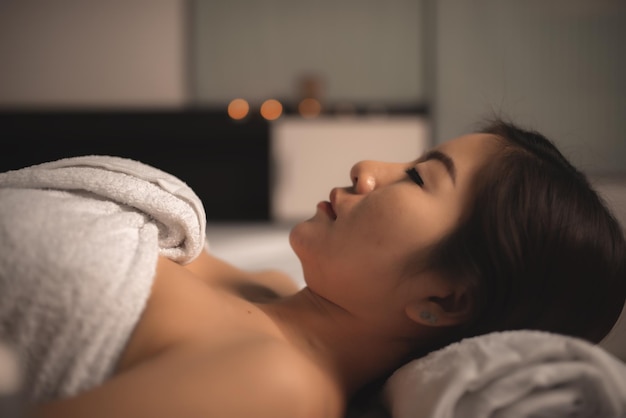 Asians beautiful woman sleep spa and relax massageTime of relax after tired from hard workThailand people