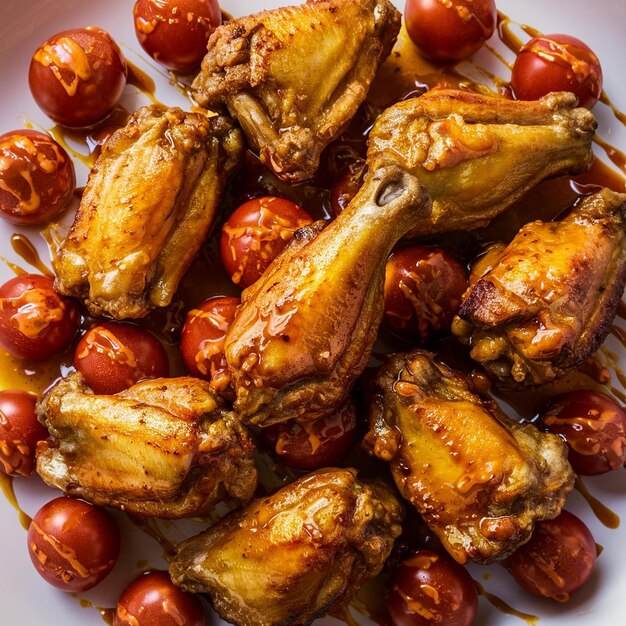 Photo asianstyle baked chicken wings with a platter of tomatoes and sauce