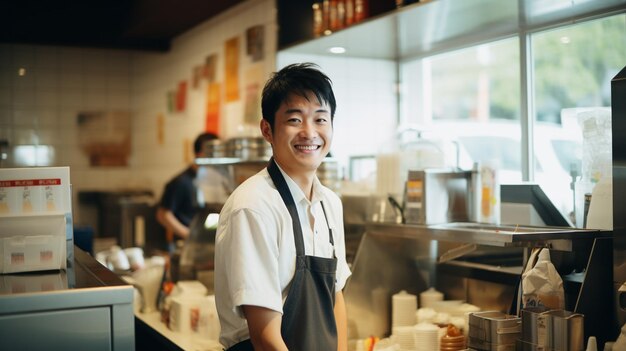 사진 패스트푸드 가게 에서 일 하는 아시아인 남자