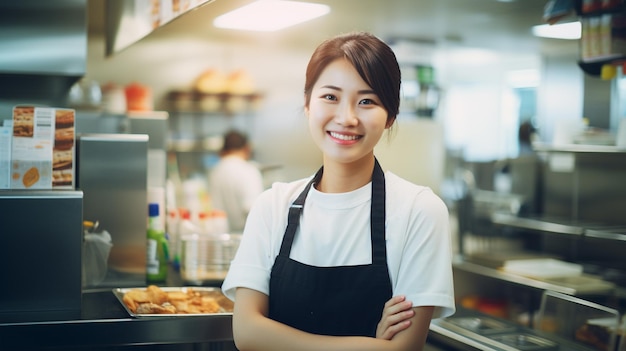 ファストフード店で働くアジア人女性