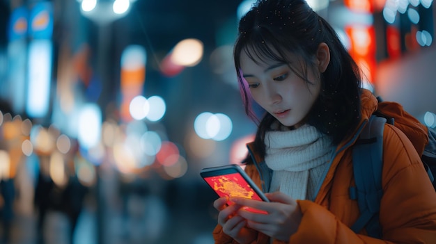 Asina girl using a smartphone in the city at night