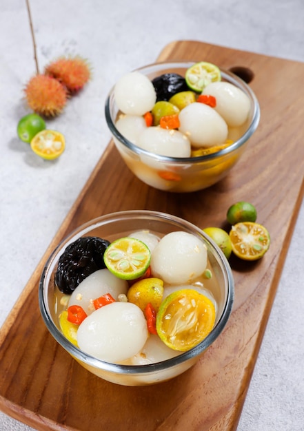 Asinan Rambutan Kiamboy is Rambutan which Spiced with Chilli honey kiamboy and calamansi juice