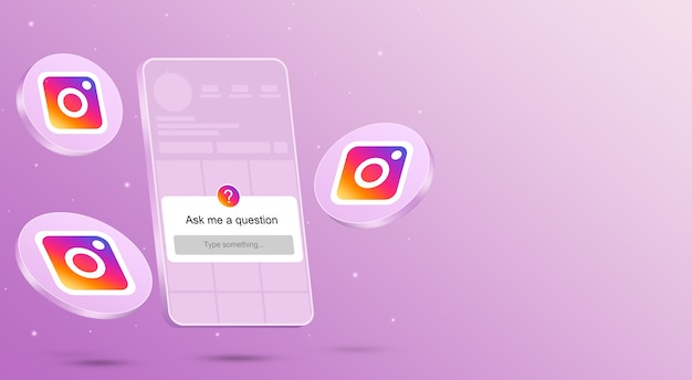 Fammi un modulo di domanda sullo schermo del telefono con l'interfaccia di instagram e le icone intorno al rendering 3d