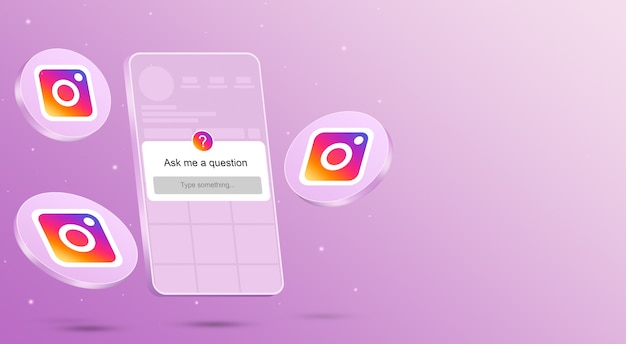 Ask me a question form on phone screen with instagram interface and icons around 3d render