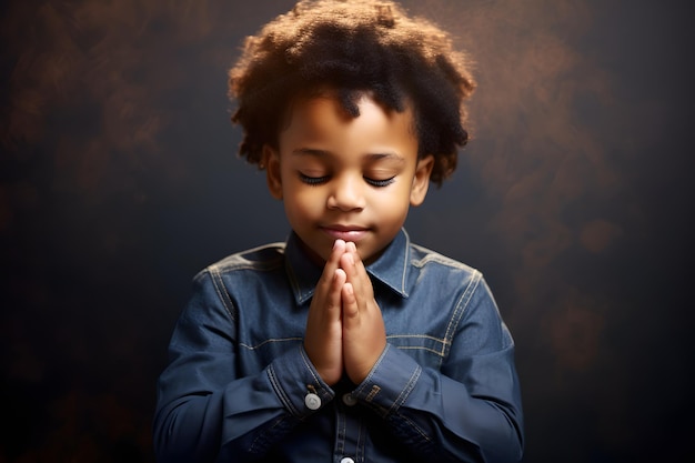 Asking African American kid holding hands folded in prayer gesture on studio background