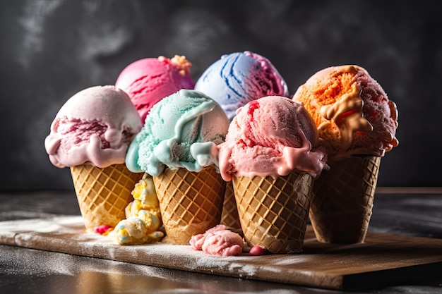 Asorted of ice cream scoops with cones Colorful set of ice cream scoops of different flavours