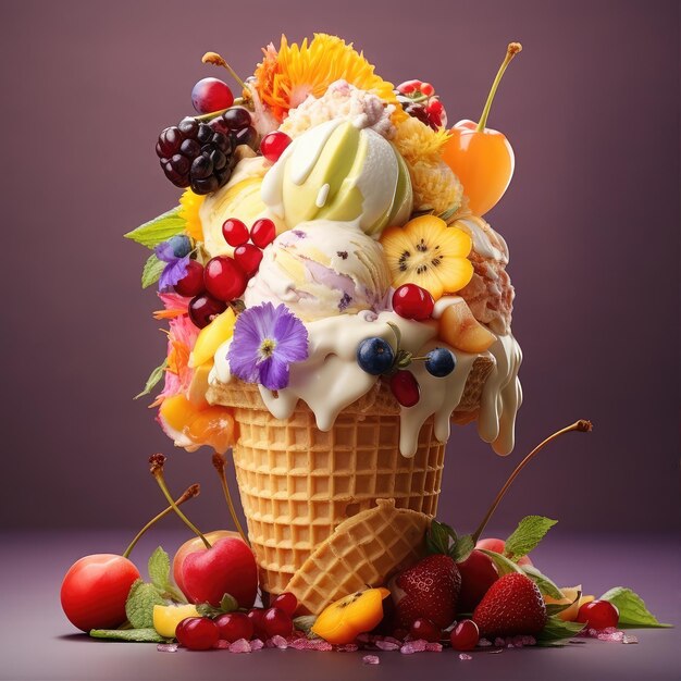 검은색 배경에 줄지어있는 콘이 있는 아이스크림 스의 종류 다채로운 아이스크렘 스 세트 o