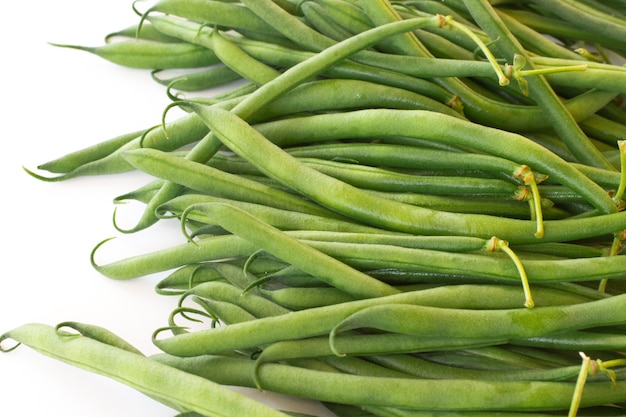 Photo asparagus beans on white  space. close up.