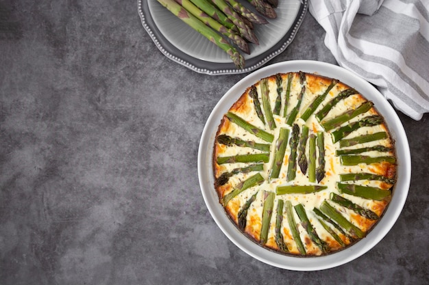 Asparagus pie. Vegan food. Copy space.