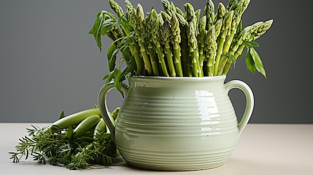 Asparagus in a pot on white table