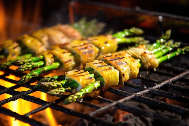 Asparagus spears sizzling on hot bbq grill grate created with generative ai