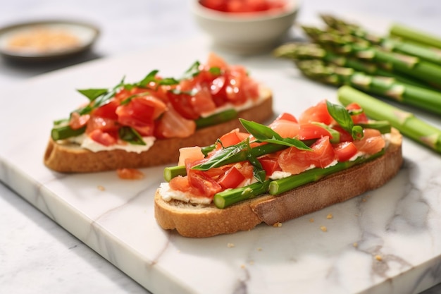 Asparagus and tomato bruschetta on a marble surface