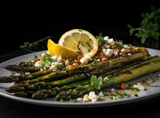 Asparagus with feta cheese on a plate with lemon