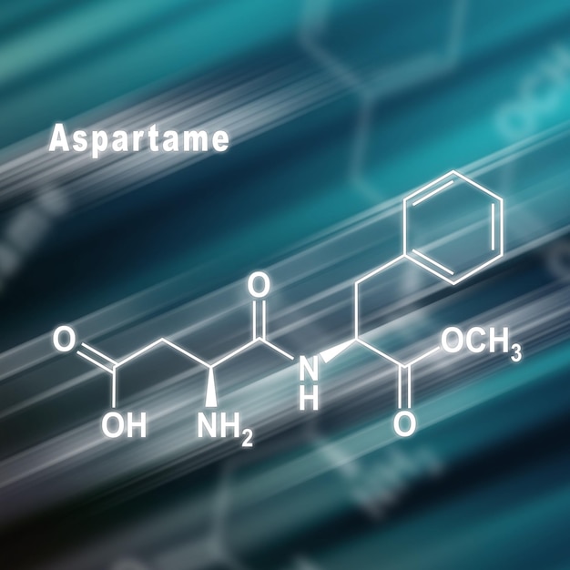 Foto dolcificante artificiale di aspartame, fondo futuristico di formula chimica strutturale