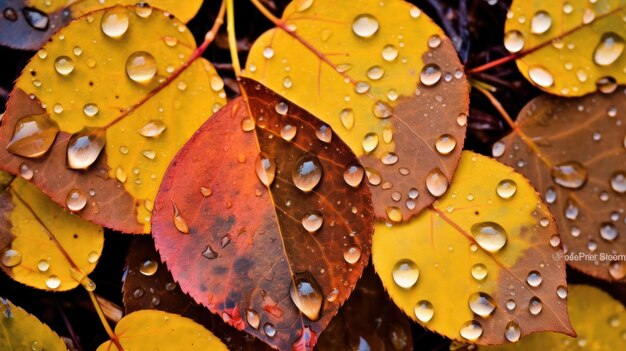 雨 の 滴 を 含む アスペン の 葉 は 色々 な 模様 を 形成 し て い ます