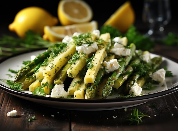 Asperges met feta kaas op een bord met citroen