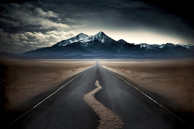 Asphalt empty road beyond horizont leads to distant mountains